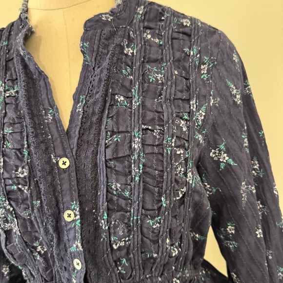 Pilcro Anthropologie Small Blue Floral Button Down Peplum Babydoll Blouse Top - Picture 3 of 9